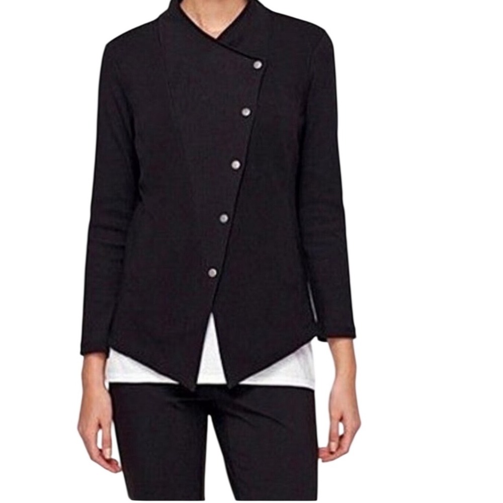 Eileen Fisher Black Asymmetric Snap Front French Terry Jacket Large Mock Neck